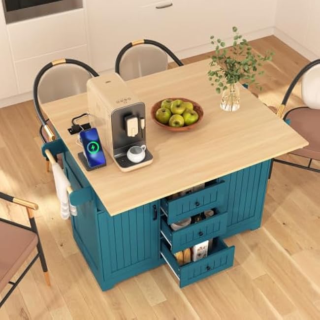 55.7'' Large Kitchen Island with 2 Drop Leaf, Rolling Kitchen Cart on 5 Wheels with Power Outlet, 3 Drawers, for Kitchen, Dining Room-SiyCmnPp