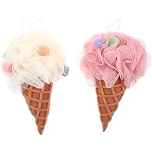 COHEALI 2Pcs Bath Loofah Sponge Ice Cream Cone Shower Sponge Exfoliating Mesh Pouf Bath Ball Body Scrubber Exfoliator for Men Women Light Yellow Pink