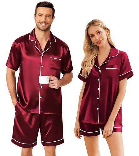 Image of Ekouaer Couple Matching Pajamas Sets Silk Short Sleeve Button Down Sleepwear Satin Pjs Shorts Set Soft Loungewear S-XXL