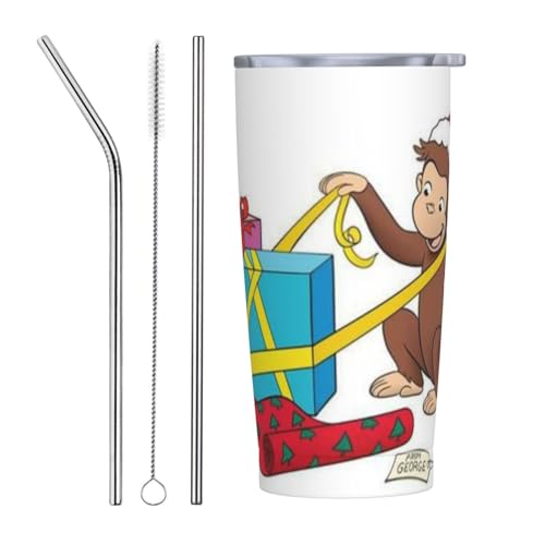 おさるのジョージ アニメ ストロー&ストローブラシ付き マグカップ コーヒーカップ 600ml コンビニカップ タンブラー ステンレス製 保冷 保温 車用 蓋付き 持ち運び 水筒 大容量 直飲み キャラクター 人気 プレゼント