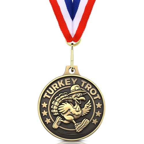 Kigeli Turkey Trot Medals 2'' Thanksgiving Turkey Medals Turkeys Gold Award Bowl Prizes Trophies with Ribbon Bulk for Thanksgiving Trot Bowl, Community Holiday Events, Sports Day Prizes (1)