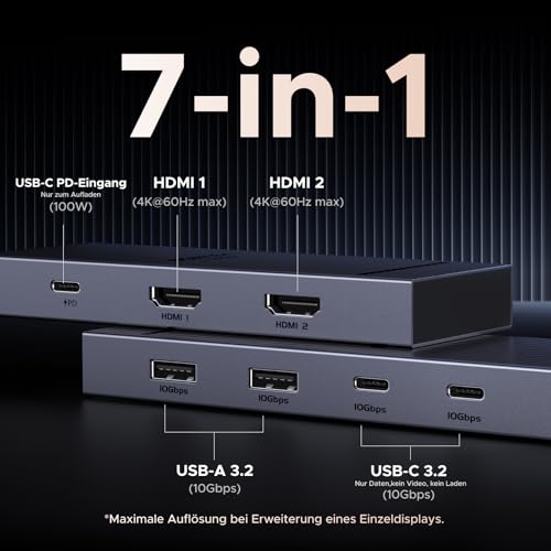 UGREEN Revodok Pro 207 10Gbps USB C Hub 2HDMI 4K@60Hz Docking Station Dual Dsiplay mit 2*USB A 3.2 & USB C 3.2 PD 100W Kompatibel mit XPS 13/15, Chromebook, X1, Surface Pro 9 usw.