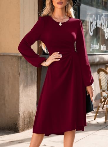 Image of Happy Sailed Women's Long Sleeve Ruched Waist Flowy A Line High Low Midi Cocktail Party Dress