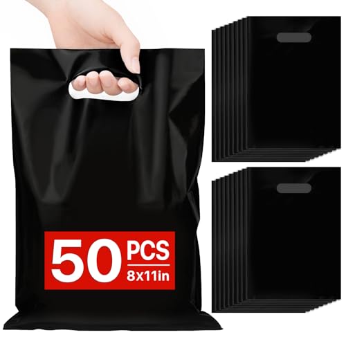 ANZNKU Black Party Favor Bags 50 PCS 8x11 Goodie Bag for Easter Candy Treat Craft Jewelry Plastic Gift Bags with Die Cut Handles for Kids Birthday School Events & Small Business Wedding