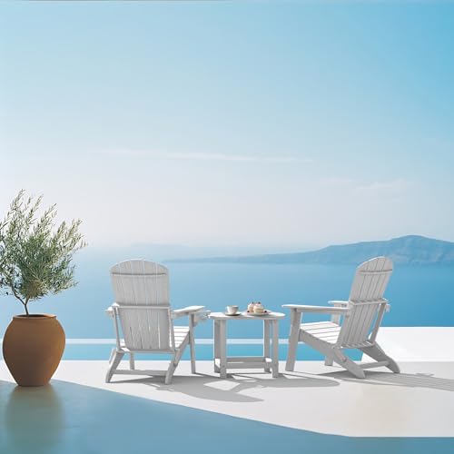 Image of Plawdlik Folding Adirondack Chair, SGS Tested, Wooden Textured with Cup Holder, Heavy All-Weather HDPE Comfortable Set Poolside Backyard Lawn White