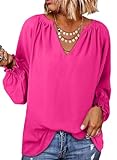 Dokotoo Womens Tops Dressy Casual Spring Summer Outfits Clothes for Women 2025 Fashion Long Sleeve Shirts V Neck Chiffon Blouse Business Casual Outfits Plus Size Tunic Tops Hot Pink Tops for Women L