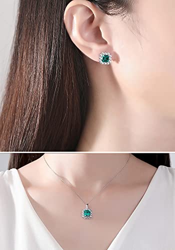 925 Sterling Silver Cz Halo Simulated Emerald Necklace And Earrings For Women, Cubic Zirconia Square Asscher Cut Nano Green Gemstone Pendant And Stud Jewelry Set With Gift Box (Se20090701+Sn21121901) #TOP4