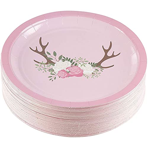 Blue Panda Disposable Plates - 80-Count Paper Plates, Bridal And Baby Shower Party Supplies For Appetizer, Lunch, Dinner, And Dessert, Floral Deer Pattern, 9 X 9 Inches #TOP5