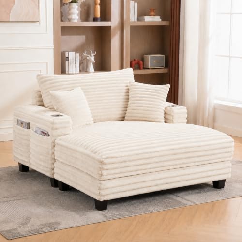 AIKEMING 60" Oversized Chaise Lounge Chair Indoor with USB Charging Port & Cup Holder, Corduroy Upholstered Deep Seat Lounge Sofa with Solid Wood Frame and 3 Pillows for Living Room Bedroom