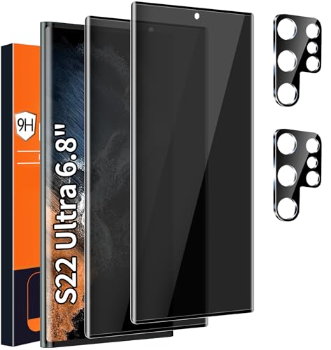 Arshek [2+2 Pack] Galaxy S22 Ultra Privacy Screen Protector, 9H Tempered Glass, Ultrasonic Fingerprint Support, 3D Curved, HD Clear Anti-Spy Film for Samsung S22 Ultra 5G Glass Screen Protector
