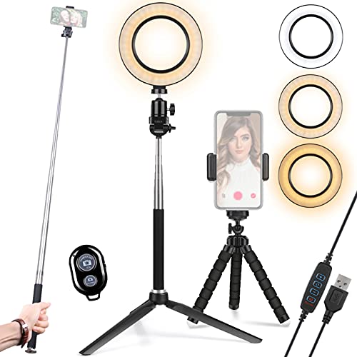 Ringlicht mit Stativ, 6" LED Ringleuchte mit Fernbedienung und Handyhalter Selfie Fotoleuchte 3 Farbe und 10 Helligkeitsstufe für Live-Streaming YouTube Tiktok Makeup