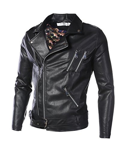 DAVID.ANN Men's Classic Faux-Leather Biker Zipper Jacket Coat,Black,Small