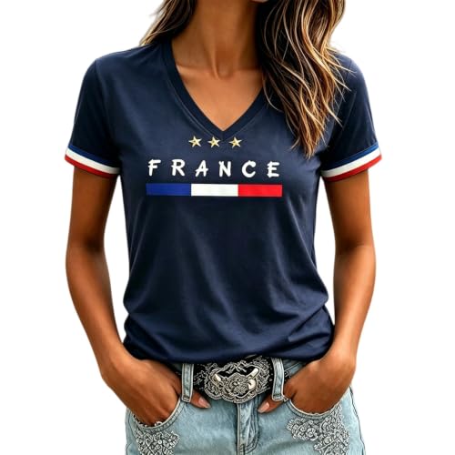 Maillot Equipe de France Foot 2026 Femme T-Shirt Fan Football Coupe du Monde 2026 Maillot de Foot Graphique avec Coq Gaulois Tee Shirt Dérivés Vêtement Modèle Équipe pour Les Fans de Football