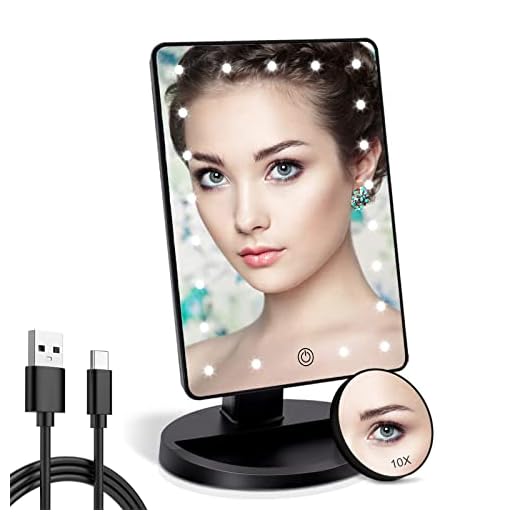 COSMIRROR Lighted Makeup Vanity Mirror with 10X Magnifying Mirror, 21 LED Lighted Mirror with Touch Sensor Dimming, 180°Adjustable Rotation, Dual Power Supply, Portable Cosmetic Mirror (Black)