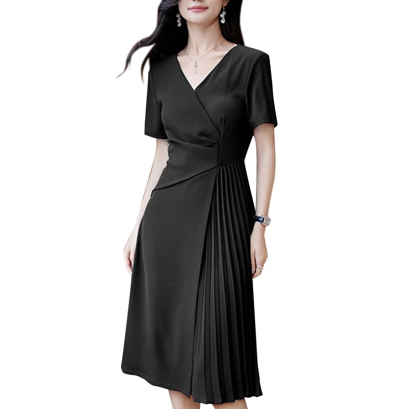 ZANZEA Summer Dresses for Women 2024 Short Sleeve Faux Wrap V Neck Sundress Pleated Cocktail Party Casual Midi Dress Black Small