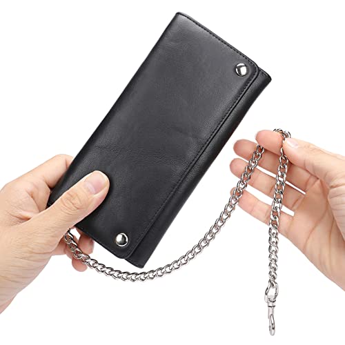 NIUCUNZH Mens Genuine Leather Chain Wallet: Biker Trucker Long Trifold wallet Heavy Duty Black4