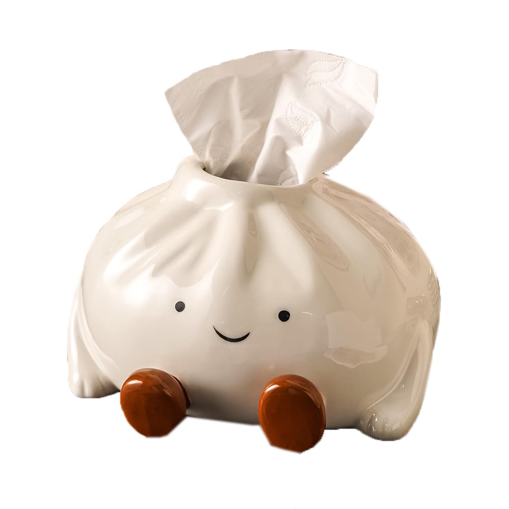 Qinqin Store Girls White Steamed Stuffed Bun Shaped Ceramic Tissue Box Cover Cute Bathroom Tissue Holders Facial Napkin Paper Tissue Box Case (, 18×17.5×11Cm/7.09"×6.89"×4.33")