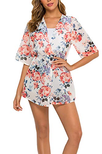 Women's Kimono Cardigan Floral Print Chiffon Beach Open Cover ups Casual Loose Tops Shawls (White,M)