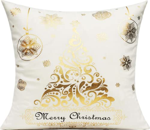 Christmas Gold Decor Throw Pillow Covers Xmas White Golden Gifts Decoration Tree Reindeer Snow Velvet Cushion Cases Holiday Home Decoration For Couch Bedroom 18X18 Inch Set Of 4 #TOP2