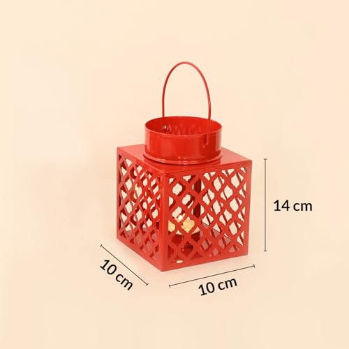 Image of MARKET 99 Set of 2 Red Metal Lanterns | Cube Square Etching Design with Glossy Finish | Decorative T-Light Candle Holders for Home, Xmas & Christmas Decor, Balcony & Festive Lighting