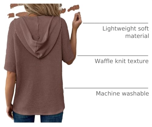Image of Dokotoo Womens Summer Tops Waffle Knit Short Sleeve Lightweight Drawstring Hoodies Button V Neck Casual Blouses Shirts