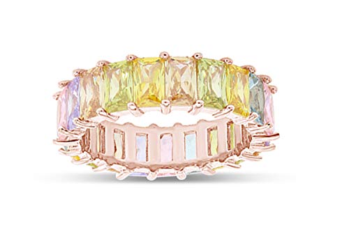 AFFY 18K Rose Gold Plated Emerald-Cut Multi Color AAA Created-Gemstone Eternity Ring Rainbow Ring Size-7