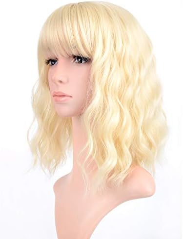 VCKOVCKO Natural Wavy Wig With Air Bangs Short Bob Wigs Women's Shoulder Length Curly Cosplay Wig for Girl Colorful Wigs(12",Blue)