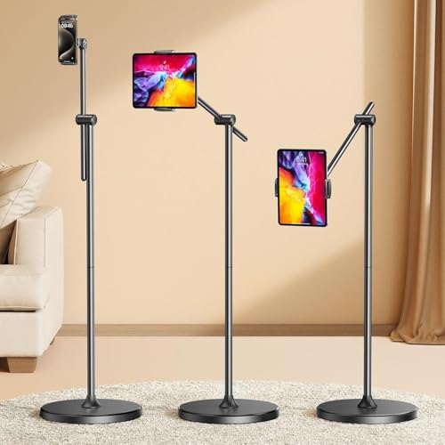 Image of DIMONCOAT [Height-Adjustable & 360 Rotation Tablet Floor Stand Stable Base | Aluminum Alloy iPad Stand Floor Holder for iPad Mini Air Pro 12.9 /9.7, Monitor, Kindle, iPhone 16, Cell Phones (4.7 inch-15.6 inch)