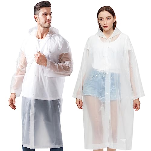 Reusable Adults Rain Ponchos, 2 Pcs EVA Portable Raincoats for Women Men with Hood for Disney Outdoor (2Pcs-white)