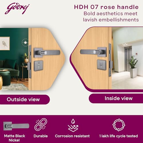 Image of Godrej Mortise Lock | Handle Lock Set for Main & Bedroom Door | HDH 07 Rossette Home Decor Handle | Matte Black Nickel Finish | 9 Inch Lockbody | 60 mm 1CK Cylinder - Knob from Inside and with 3 Keys
