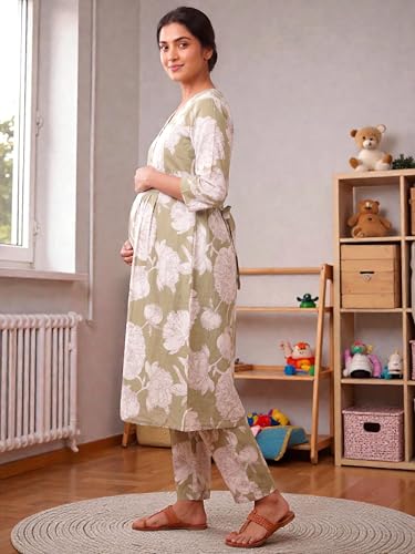 Image of RITIJYA Pure Cotton Feeding Kurta Pant Set for Women | Floral Anarkali Pregnancy Dress with Concealed Nursing Zipper Side Pocket | Pre & Post Partum | Maternity Dresses | Baby Shower Outfit