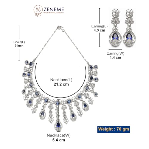 Image of ZENEME Rhodium-Plated Silver-Toned Emerald-Cut American Diamond Floral Link Necklace Set with Pear Drop Earrings for Women & Girls