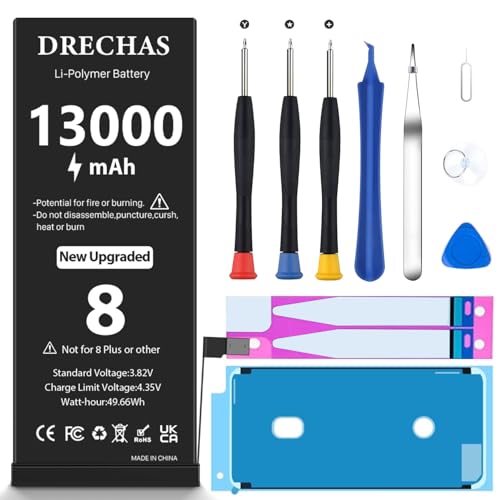 DRECHAS [13000mAh] Battery for iPhone 8 2026 New Upgraded High Capacity 0 Cycle Li-Polymer Replacement Battery for iPhone 8 Models A1863 A1905 A1906 with Complete Professional Repair Tool Kit