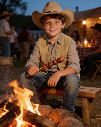 Image of Retro Boys Western Cowboy Vest for Kids Leather Suede Waistcoat | vintage dress vests, welt pockets, v-neck, adjustable waist, formal slim fit, wedding outfit, farm christmas birthday prom