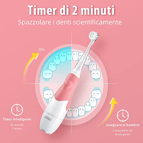 Seago SG-513 Elektrische Schall-Zahnbürste für Kinder von 0 bis 3 Jahren LED Licht Smart Timer Schall Babyzahnbürste Wasserdicht IPX7 Kinderzahnbürste (Schallzahnbürste + 4x Aufsteckbürsten, Rosa) – Bild 7