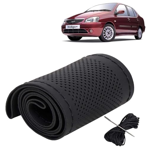 Image of KINGSWAY PU Leatherite Car Steering Cover Sewable Compatible with Tata Indigo (Year 2002-2009), Black Color with Black Thread, Pack of 1 with Sewing Needle and Thread