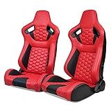 IKON MOTORSPORTS, Universal Racing Seats with Dual Sliders, Reclinable Red & Black PU + Carbon Leather with Hexagonal Quilting Sport Bucket Seats, 1 Pair Driver + Passenger Side