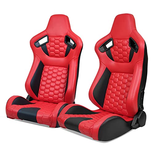 Image of IKON MOTORSPORTS, Universal Racing Seats with Dual Sliders, Reclinable Red & Black PU + Carbon Leather with Hexagonal Quilting Sport Bucket Seats, 1 Pair Driver + Passenger Side