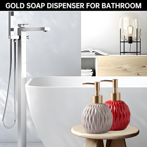 Ceramics Gold Soap Dispenser for Bathroom, Relief Soap Dispenser for Kitchen Sink, 400ml/13.5Oz Refillable Liquid Hand Soap Bottle with Gold Pump (Khaki).4
