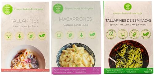 Pasta Konjac Sin Gluten, Pack 3 Variedades, Tallarines, Macarrones, Tallarines de Espinacas, 200g, Vegano, Bajo en Calorías