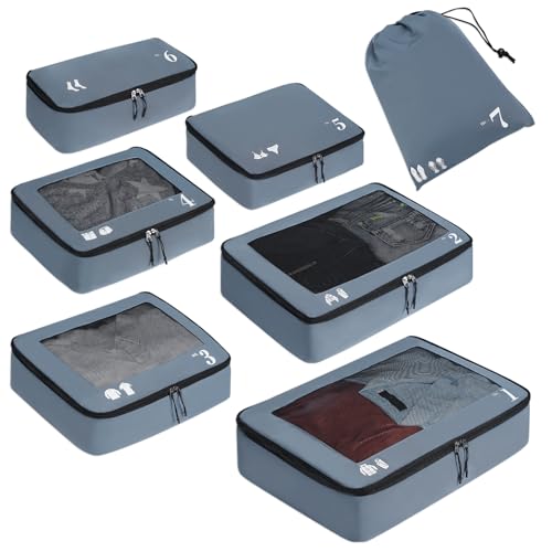 ECOHUB Organisateur Lot de 7 Rangement Valise Organisateur de Voyage Packing Cubes Sac Chaussures Ecologique Organiseurs de Bagage pochette sac rangement valise résistant à la déchirur (Gris)