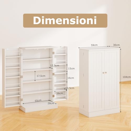 RELAX4LIFE Armadio Alto Portasuperiore 104 CM a 2 Ante con Ripiani Regolabili, Dispositivo Anti-ribaltamento, Dispensa per Cucina, Camera, Garage (BIANCO) - immagine 3