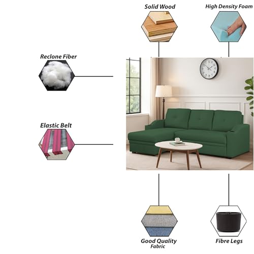 Image of Casaliving Ravonna LHS 4 Seater L Shape Corner Sofa Cum Bed for Living Room (Green Fabric) Premium Fabric Sofa