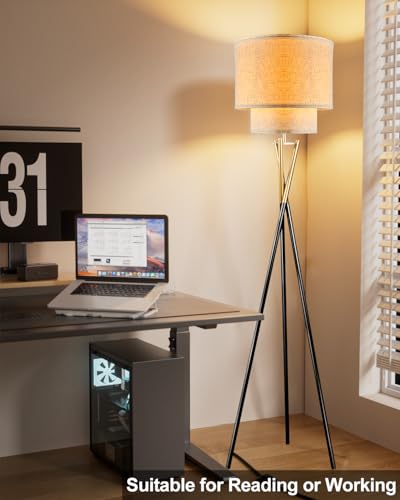 Image of Lightdot Black Tripod Floor Lamp, Modern Floor Lamps for Living Room, Standing Lamp with Dual Drum, E26 Bulb Included, 67.7 inch Tall Floor Lamp for Bedroom, Home Office