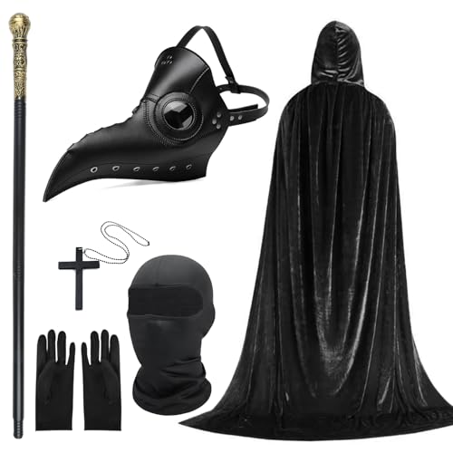 6PCS Plague Doctor Costume Set Plague Doctor Mask PU Leather Long Nose Bird Beak Steampunk Mask with Black Gloves Hooded Cloak Full Face Covering Cane Necklace for Halloween Costume Cosplay