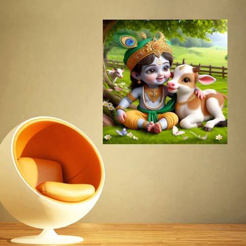 Image of Baby Krishna With Calf Wall Poster for Pooja Room, Office, Kids Room (Size- 46CM X 46CM)