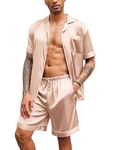 Image of Ekouaer Mens Satin Pajamas Set Button-Down Short Sleeve Shirt Top Soft Silk Sleepwear Shorts with Pockets
