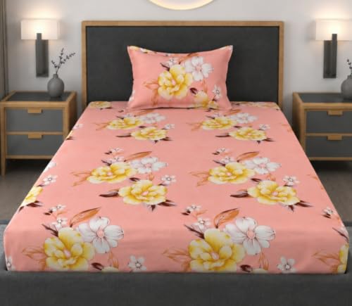 Image of Vaini Premium Heavy Cotton Elastic Fitted Bedsheets with 1 King Size Pillow Covers || Single Bed with All Around Elastic 350 TC || 36 x 78 x 6 Inch Single Size Fitted || :- Baby Pink Flower