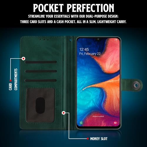 Image of WOW IMAGINE Shock Proof Flip Cover Back Case for Samsung Galaxy A20 | A30 | M10s (Magnetic Button Flip Case | Wallet Pockets & Stand | Leather Finish | Forest Green)