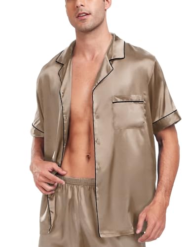Image of SWOMOG Men Satin Silk Pajamas Sets Short Sleeve Sleepwear Button-Down PJs Sets Two-Pieces Loungewear with Pockets